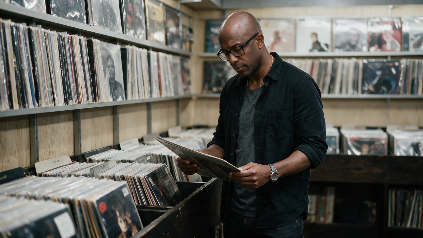 Scott browsing vinyl sleeves in a record-shop scene