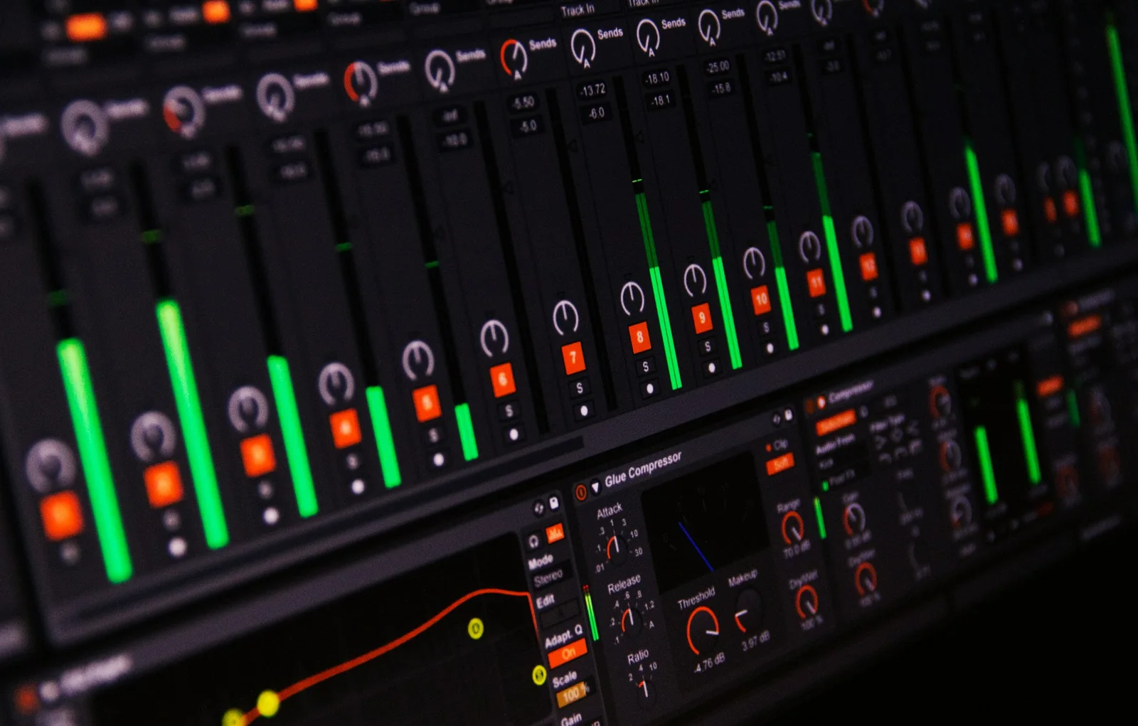 Close-up of mixing software channels and effects