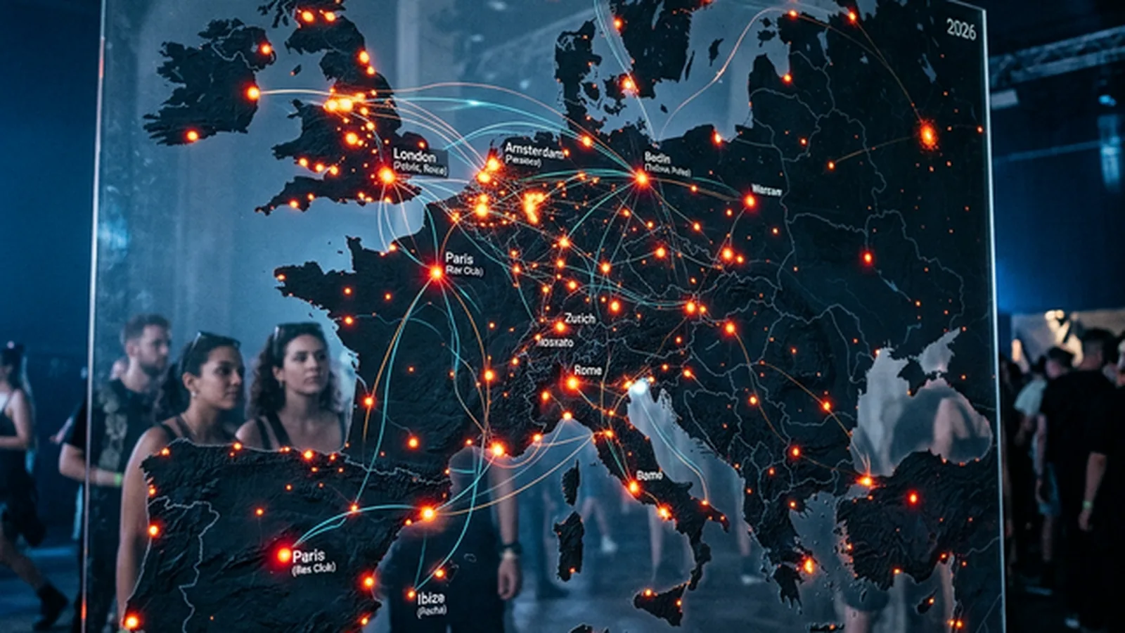 Digital Europe map on transparent screen with glowing red nodes marking live DJ events