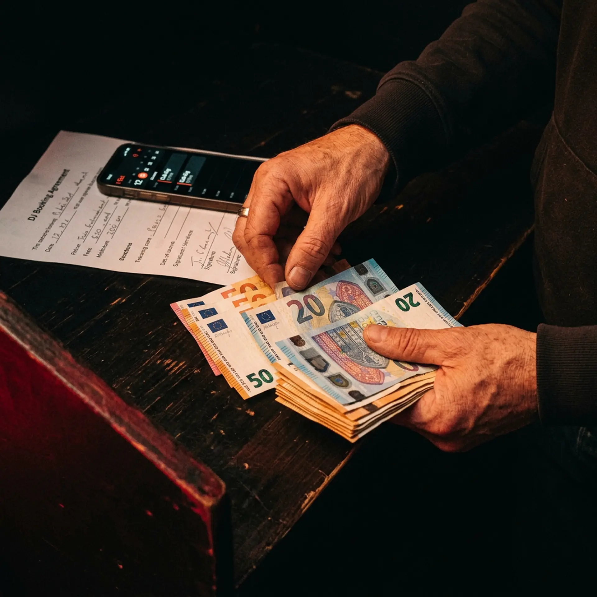 DJ counting euro banknotes at a dimly lit backstage table after a club performance with booking contract visible