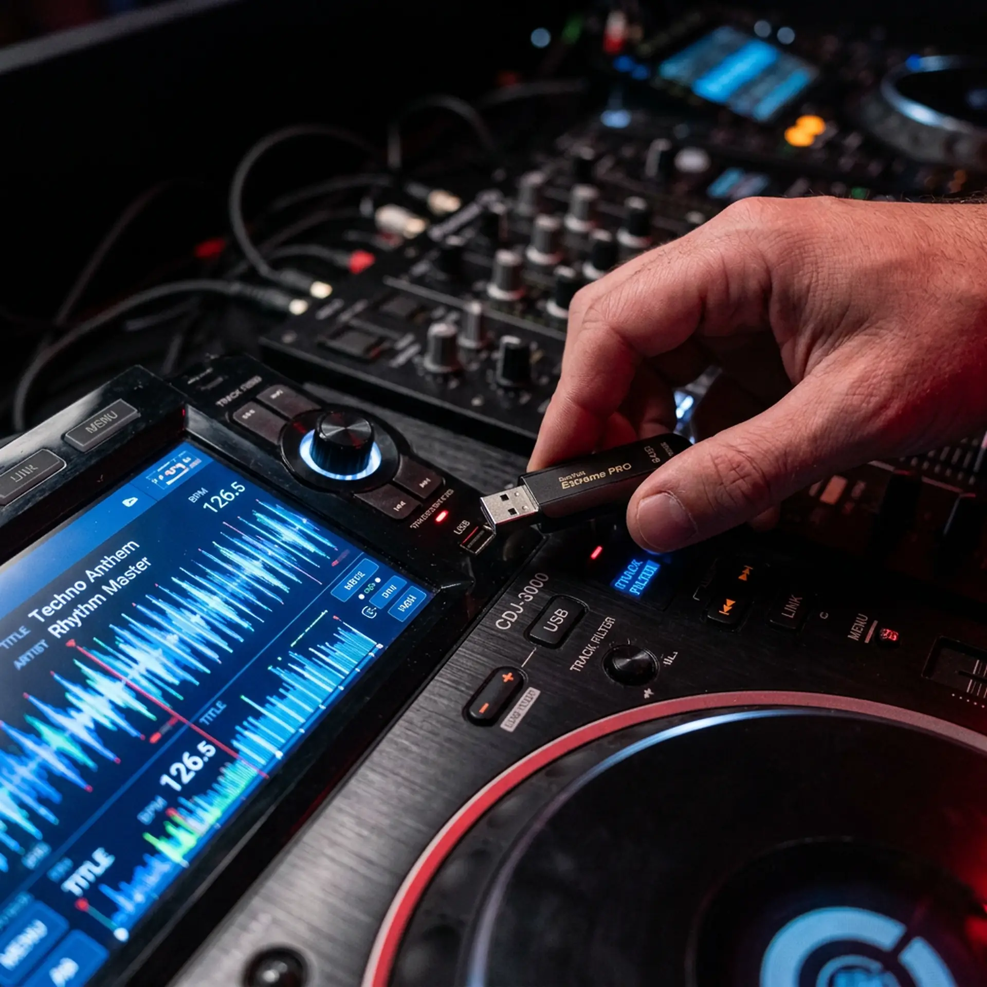 Close-up of USB drive being inserted into Pioneer CDJ media player with blue waveform display in dark DJ booth