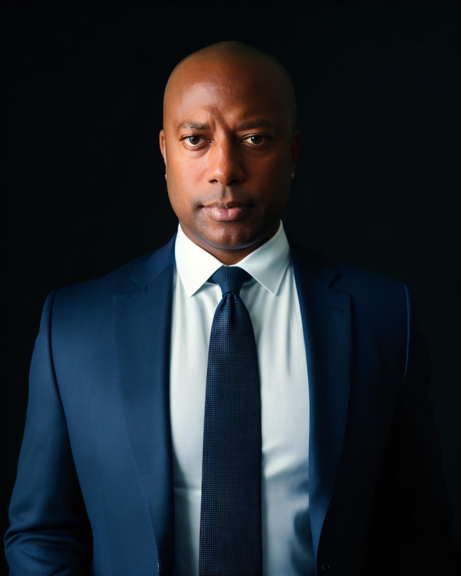 A black man in a suit and tie, ready for contact.