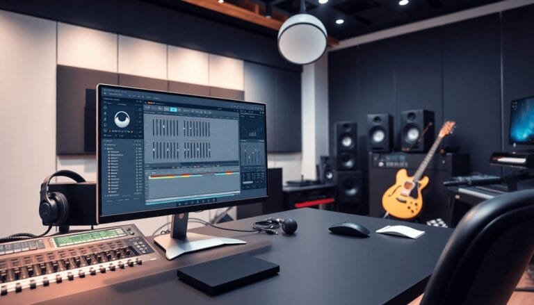 A recording studio with a monitor displaying audio editing software and AI tools for music mastering. Headphones and mixing equipment adorn the desk, while a guitar rests against the wall, accompanied by multiple speakers in the background.