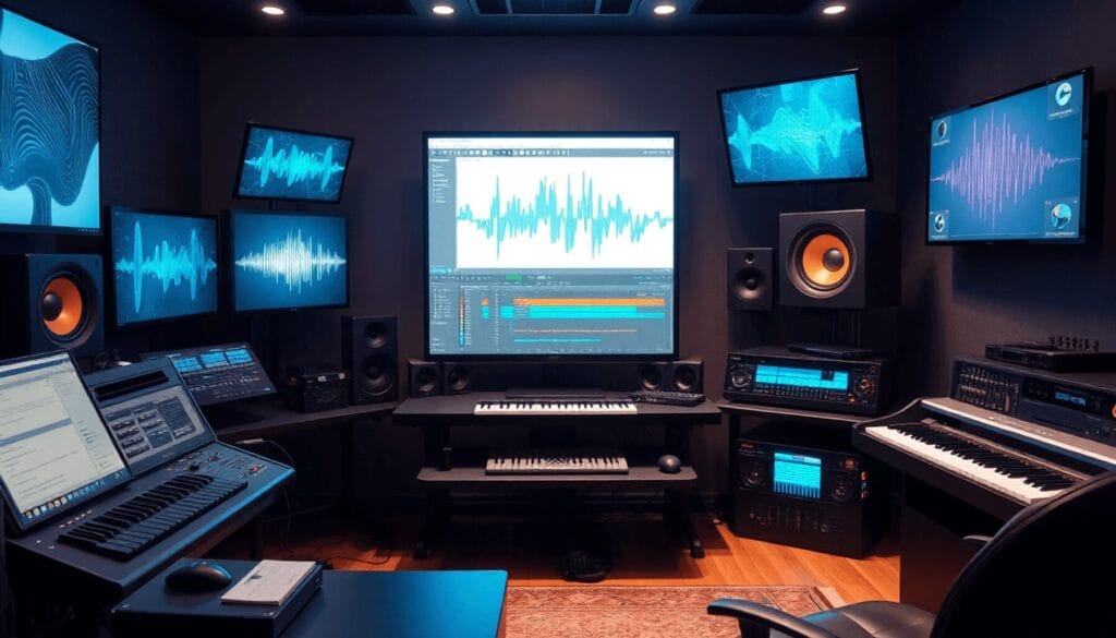 A modern music studio filled with advanced technology, featuring a computer with music software, virtual instruments on screens, and sound equipmen...