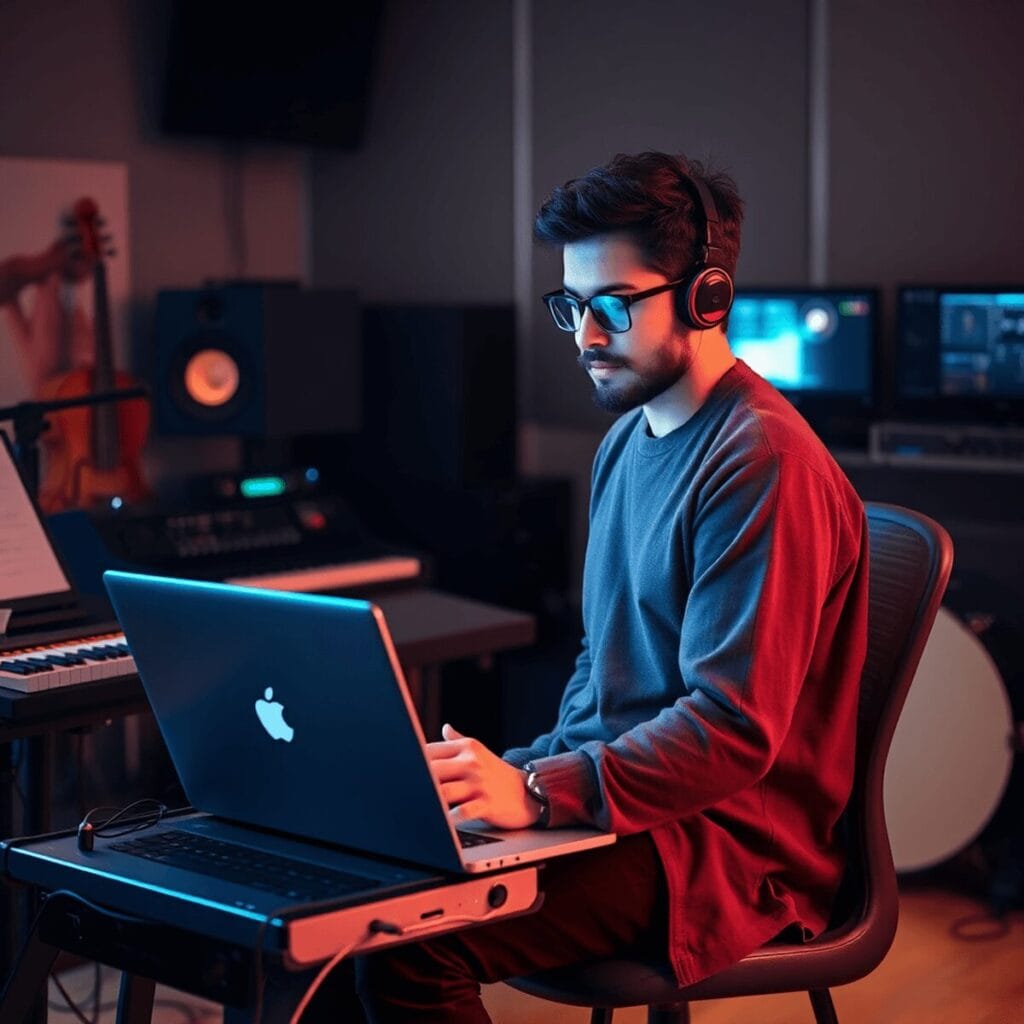 A musician in a modern studio, surrounded by instruments and digital equipment, composing music on a laptop, blending technology and creativity.