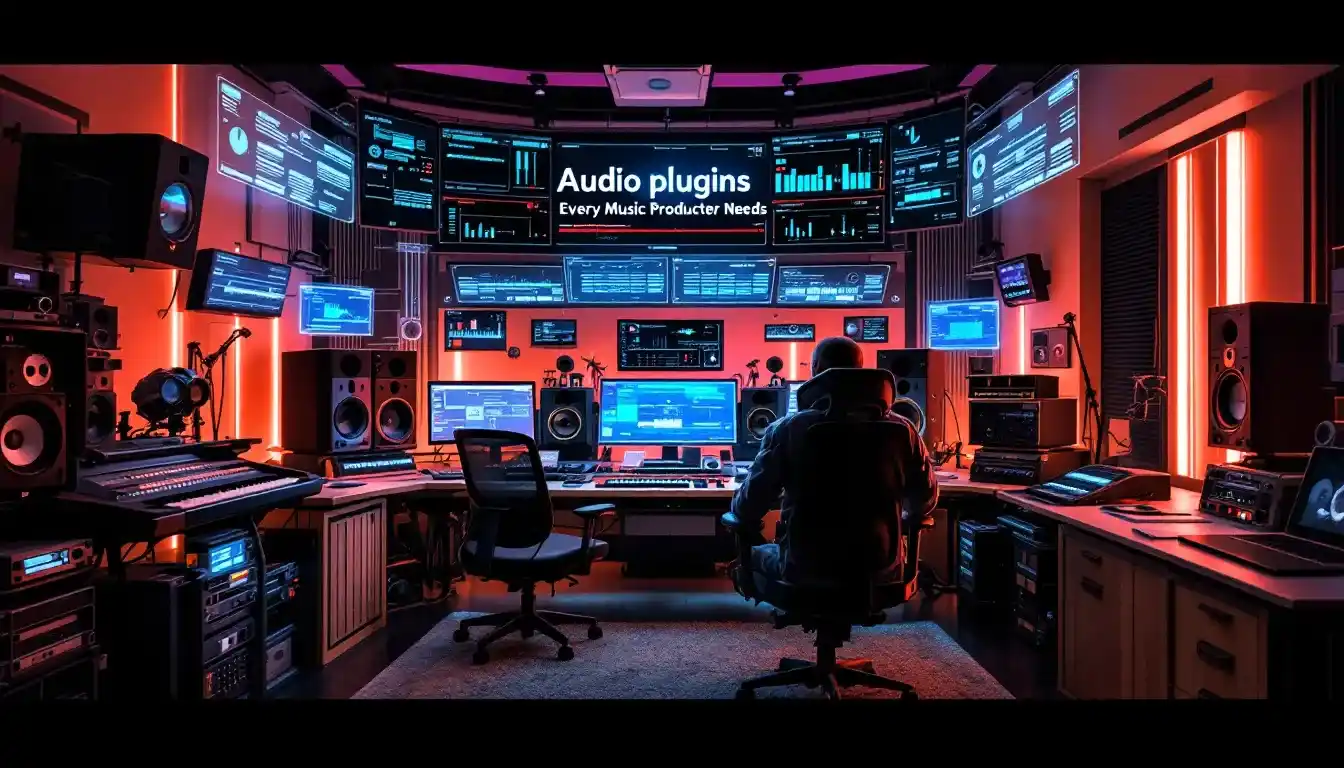 A dimly lit music production studio with multiple monitors displaying audio software. A person sits in front of a large screen, surrounded by keyboards, speakers, and sound equipment. Text on the screen reads "Audio plugins every music producer needs.