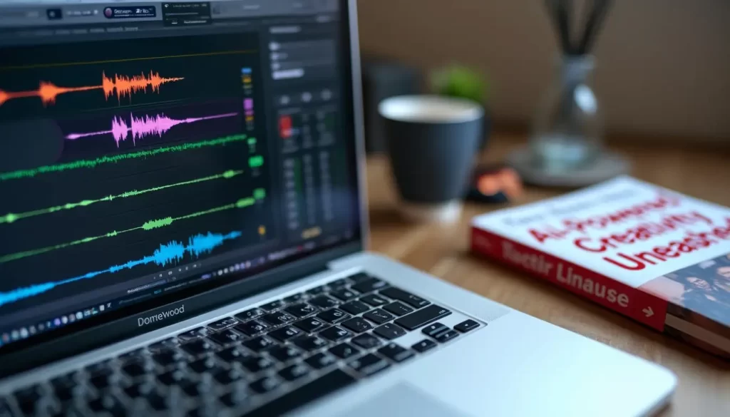 A close-up of an open laptop displaying an audio editing software with colorful waveforms. The laptop is on a wooden desk next to an out-of-focus coffee cup and a red book titled "Artificial Creativity Unleashed." This sophisticated setup hints at the wonders of AI music production.