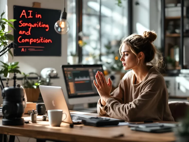 A woman sits at a desk with a laptop, surrounded by plants and office supplies. A sign reads "AI in Songwriting." She appears focused on crafting new melodies, with natural light pouring through large windows, inspiring her creative process.