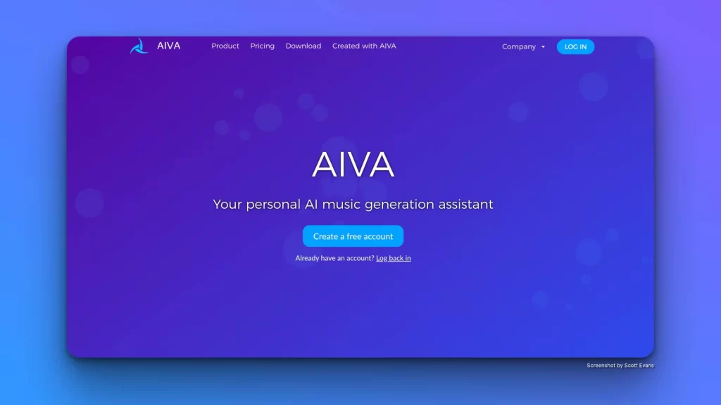 A webpage screenshot with a purple and blue gradient background. The header showcases "AIVA" alongside options for Product, Pricing, Download, Created with AIVA, Company, and Log In. The text reads "Your personal AI music generation assistant," enhancing AI in songwriting.