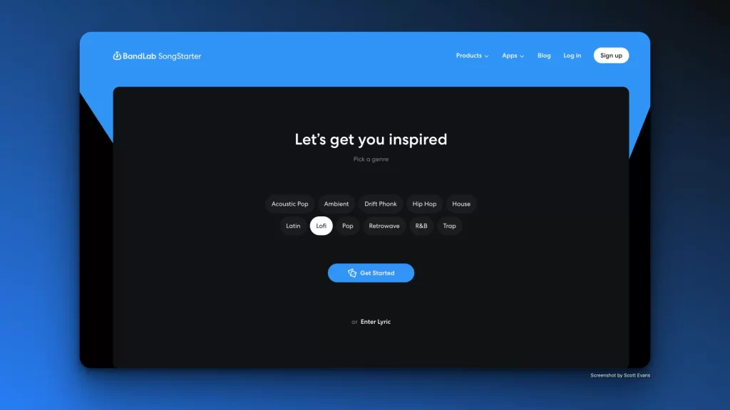 A dark-themed webpage from BandLab's SongStarter with a blue header. Text on the page reads, "Let's get you inspired," followed by genre options like Acoustic Pop, Latin, Hip Hop, and more. With AI music production integrated seamlessly, a blue "Get Started" button sits below the genres.