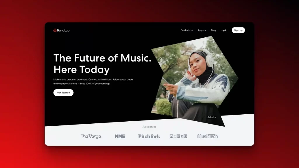 The homepage features "The Future of Music" with a young woman wearing headphones and pointing, symbolizing innovation. Explore AI tools for music mastering. Logos of publications like The Verge and NME are proudly displayed at the bottom.