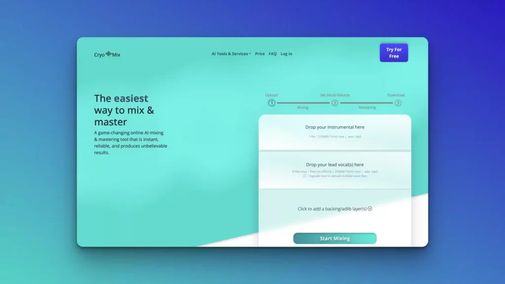 Discover the ultimate online audio mixing and mastering service enhanced with AI tools for music mastering. Effortlessly upload your instrumental and vocal files, and let technology elevate your sound. Ready to create magic? Hit the "Start Mixing" button now!