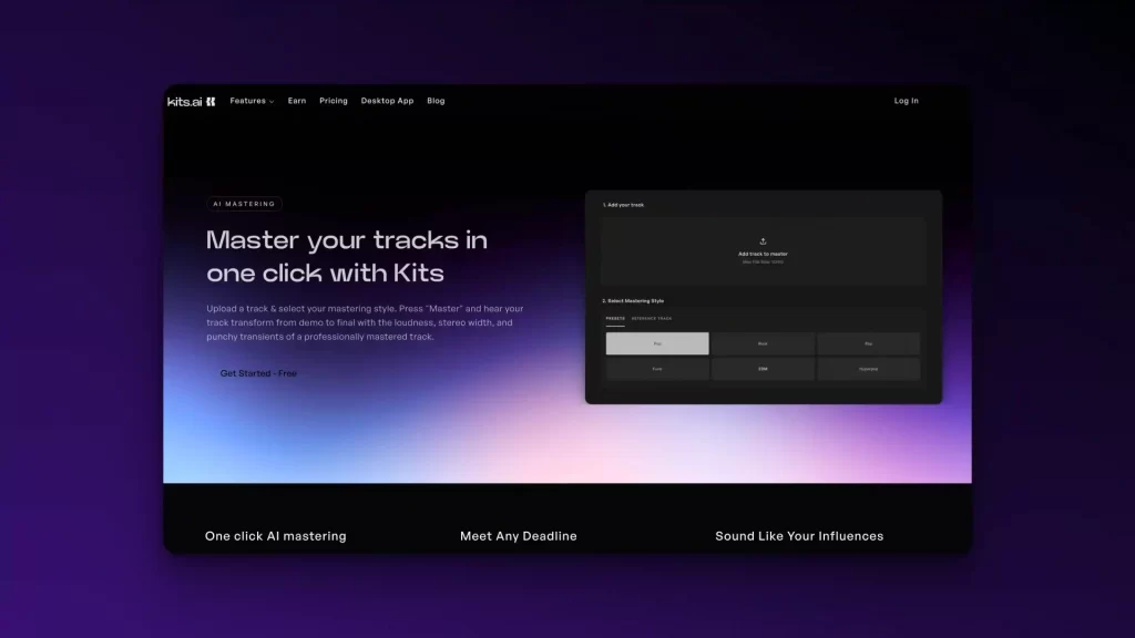 Website screenshot showcasing "Master your tracks in one click with Kits" against a stylized gradient background, featuring the intuitive interface of the Kits AI tools for music mastering.