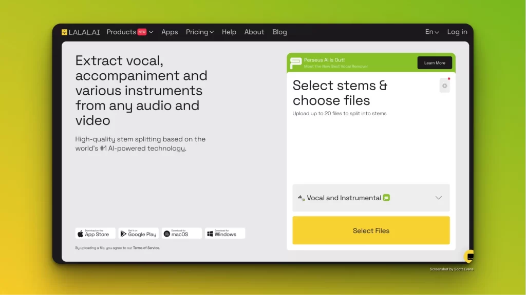 Screenshot of the Lalalai website on a gradient green and yellow background. Text on the left reads, "Extract vocal, accompaniment and various instruments from any audio and video." On the right is a file upload interface for selecting stems & choosing files, ideal for AI music production.