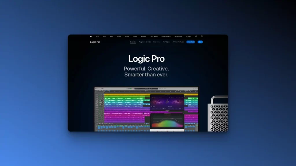 A computer screen displays the Logic Pro webpage with colorful audio tracks, enhanced by AI tools for music mastering. Beside it stands a sleek Mac Pro tower, showcasing a seamless blend of technology and creativity in sound production.