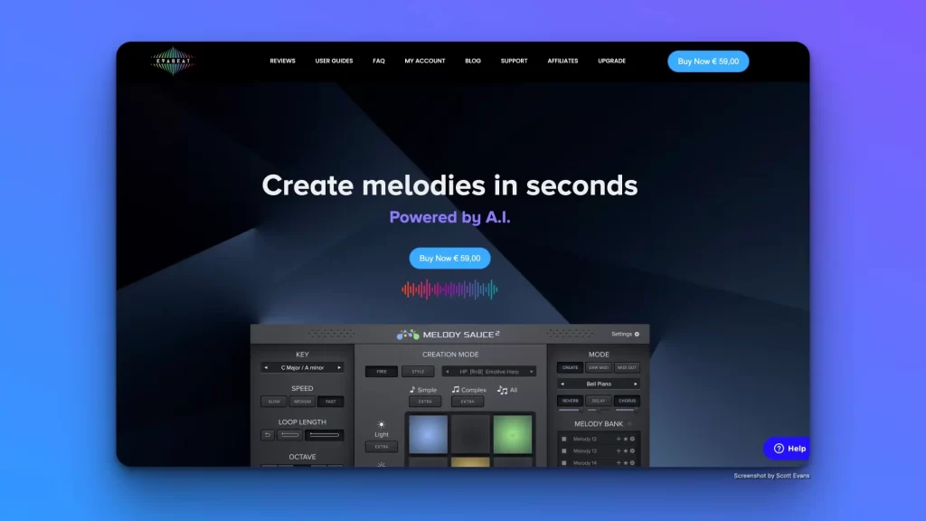 Screenshot of a music software webpage showcasing AI Audio Plugins with the text "Create melodies in seconds. Powered by A.I." A software interface labeled "Melody Sauce" is displayed below. The dark background features a blue gradient button that says "Buy Now $49.50" in the top right.