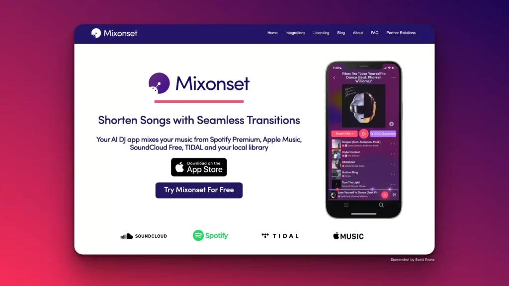 Screenshot of the Mixonset website highlighting an AI DJ app that expertly shortens songs with seamless transitions. Features integration with Spotify, Apple Music, SoundCloud, TIDAL, and local libraries. Includes app store and trial download options. Phone displaying app interface.