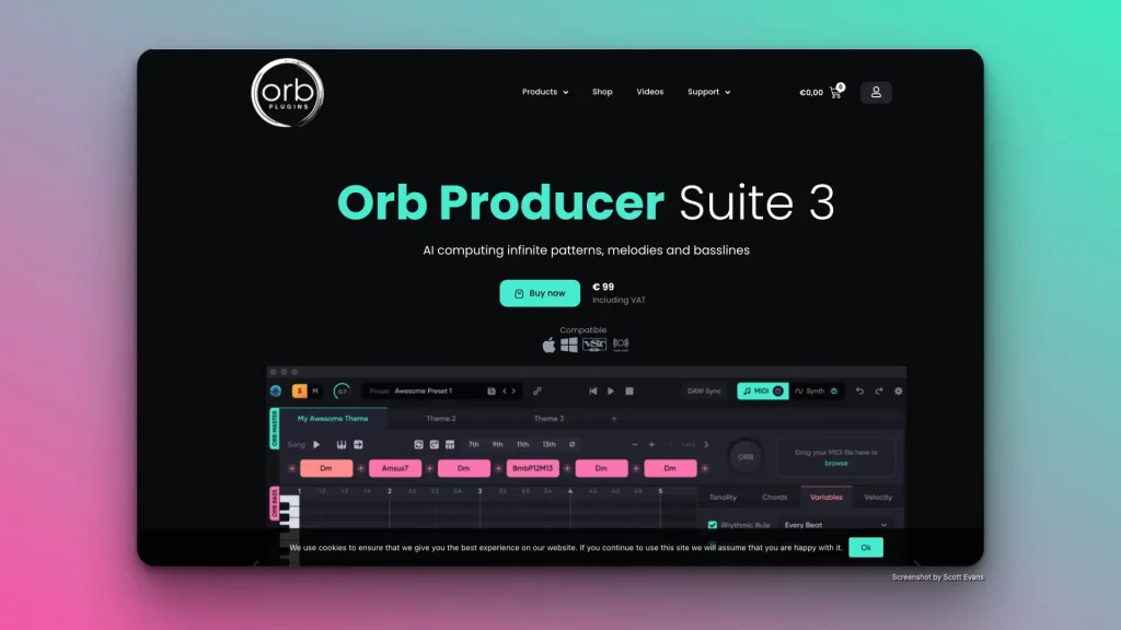 Screenshot of the Orb Producer Suite 3 software webpage. The page features the text "AI computing infinite patterns, melodies and basslines" and showcases ai music production with an interface offering various creation options. The sleek design includes a black background and teal accents.