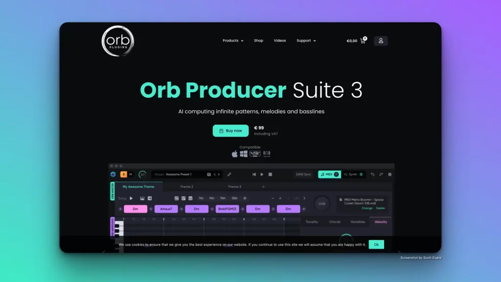 Screenshot of the Orb Producer Suite 3 website. The interface showcases AI audio plugins for generating musical patterns, melodies, and basslines. The theme features a dark background with green and purple accents, creating an inviting space for creative exploration.