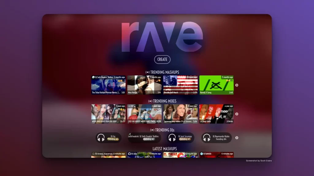 A digital screen with the word "rave" at the top displays a music streaming interface. It showcases AI DJ Apps with sections for Trending Mashups, Trending Mixes, and Latest Mashups, each featuring album artwork and play buttons.