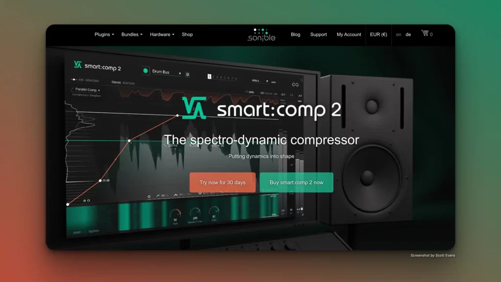 Screenshot of a website showcasing "smart:comp 2," an AI-powered spectro-dynamic compressor software. The interface displays audio waveforms and controls, enhancing sound precision. Buttons offer a 30-day trial and purchase option, with large speakers visible in the background.