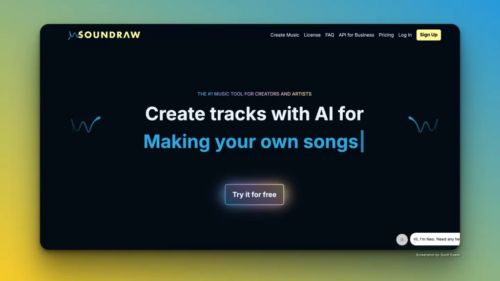 A website screenshot shows "Soundraw" in the top left corner. The main text reads: "Create tracks with AI for making your own songs using AI music production." Below is a highlighted button labeled "Try it for free." The background has a gradient effect. Top right options include "Create Music," "License," "FAQ," "AI for Business," "Pricing," "Log In," and