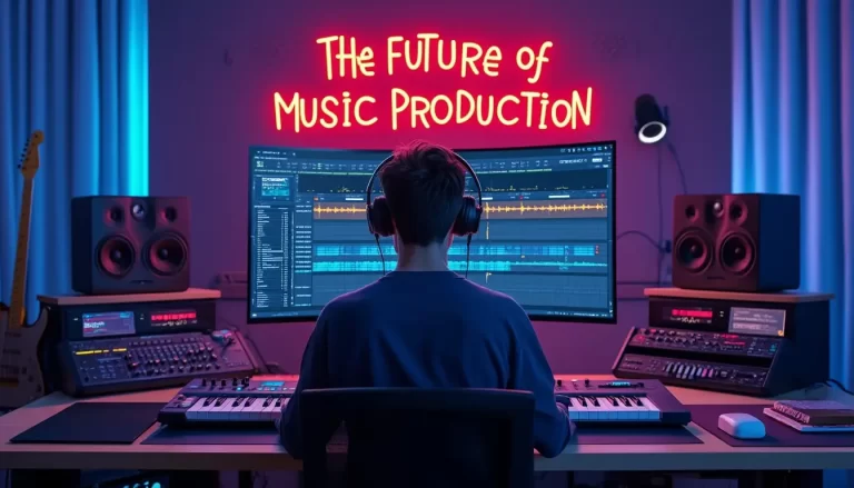 A person wearing headphones sits at a desk laden with audio equipment, including keyboards and speakers, facing a large monitor displaying AI music production software. A neon sign above reads, "The Future of Music Production." The room is lit with purple and blue hues.