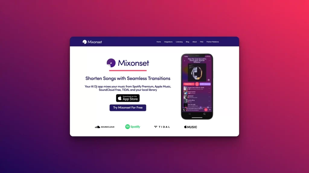 Screenshot of Mixonset's website highlighting its innovative music app equipped with AI DJ tools for shortening songs with seamless transitions. Explore options on the App Store and enjoy a free trial, featuring compatibility with SoundCloud, Spotify, Tidal, and Apple Music logos.