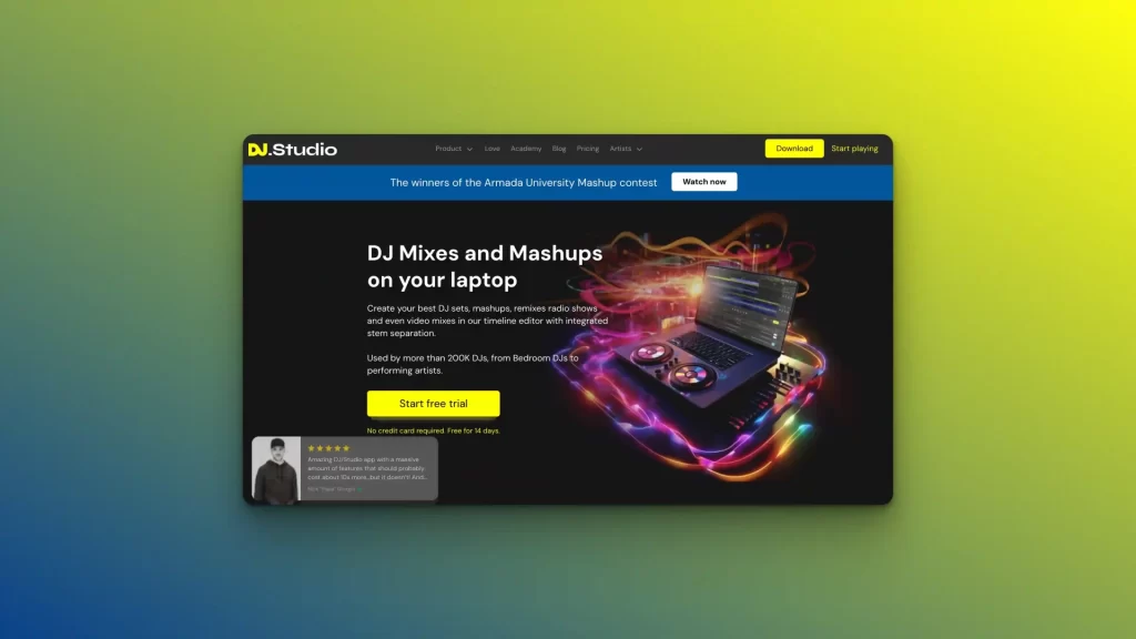 Advertisement for DJ software featuring a laptop with glowing DJ equipment graphics. Discover advanced mixes and mashups with our innovative AI DJ Tools. Enjoy a free trial and see why top DJs endorse us.