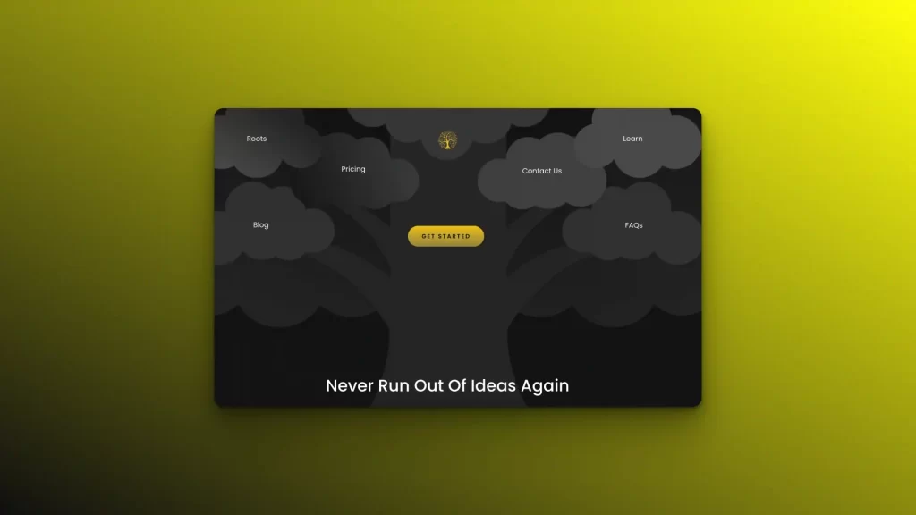 A dark-themed website homepage featuring a tree graphic and menu options offers a captivating user experience. A vibrant yellow "Get Started" button catches the eye, while below, against a bright yellow background, it promises: "Never Run Out of Ideas Again—unleash your creativity with AI DJ Tools.