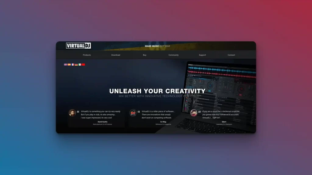 A laptop displays DJ software with a text overlay saying "Unleash Your Creativity." Enhanced by AI DJ tools, the screen showcases a user interface brimming with dynamic controls and waveform displays.