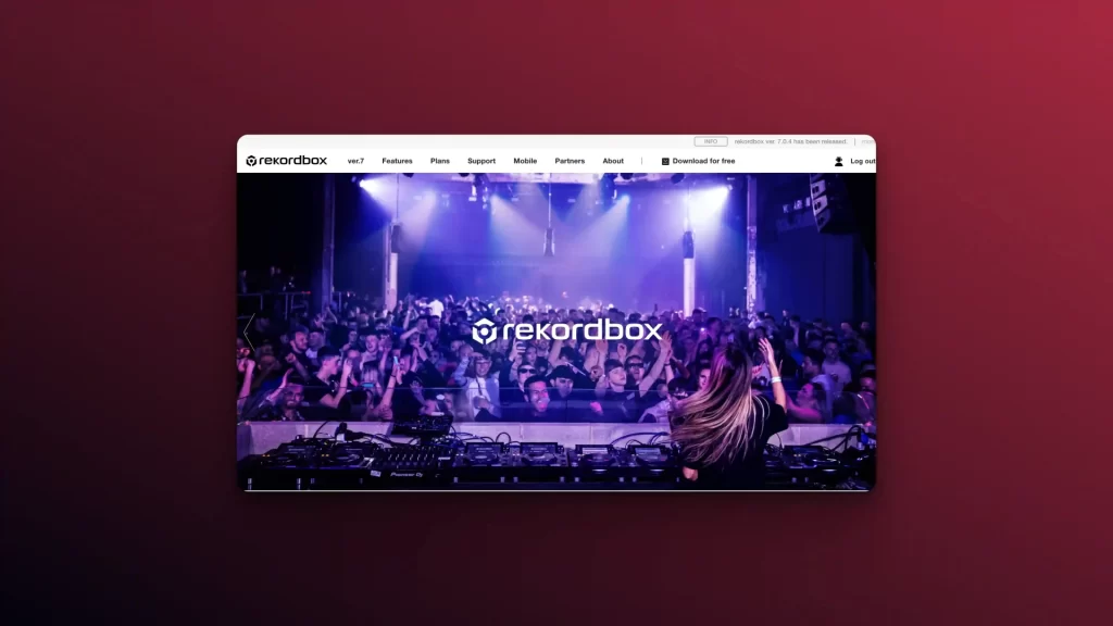 The DJ, enhanced by AI DJ Tools, performs on stage with purple lighting enveloping the scene, as the crowd pulses with energy in the background, proudly displaying the Rekordbox logo.