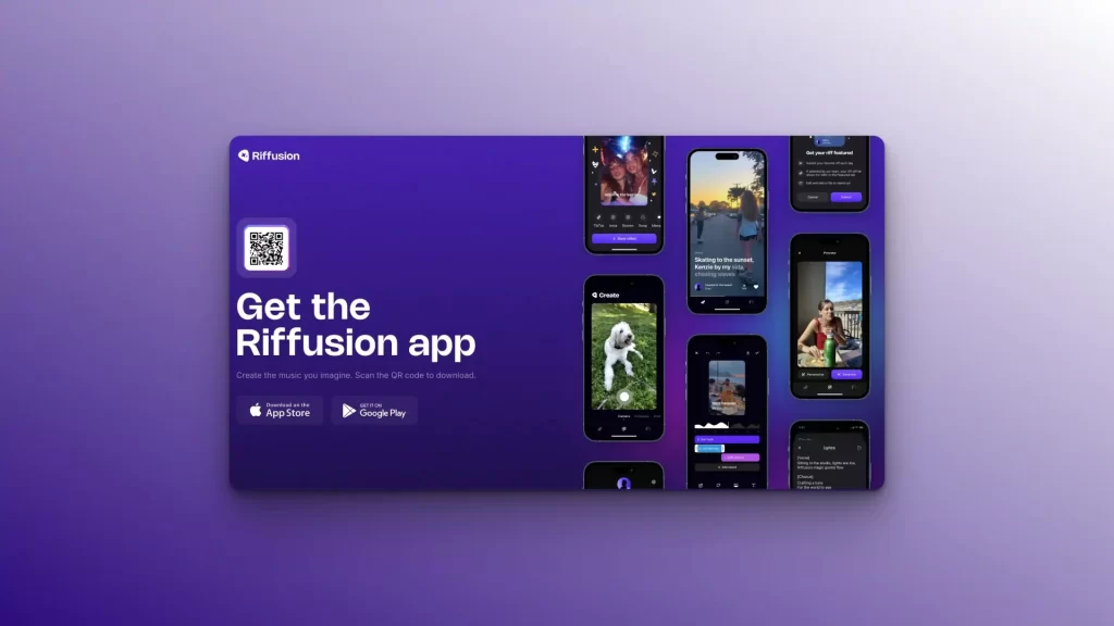 Promotional image for the Riffusion app, showcasing AI DJ Tools on several smartphone screens against a purple background. Includes download buttons for the App Store and Google Play.