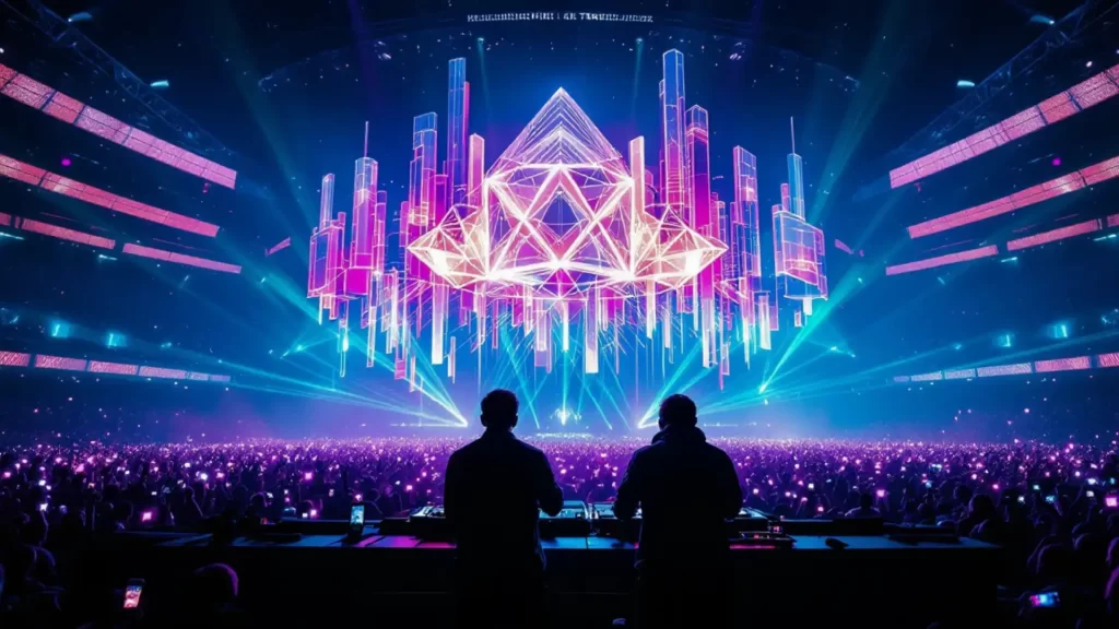 Two DJs perform on stage beneath a neon geometric light display, as cutting-edge AI in music technology enhances the sound, illuminating a packed audience in the concert hall with an electrifying experience.