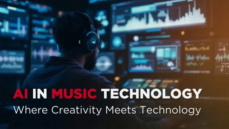 A person wearing headphones is immersed in digital music interfaces. The text proclaims, "AI in Music Technology: Where Creativity Meets Innovation.