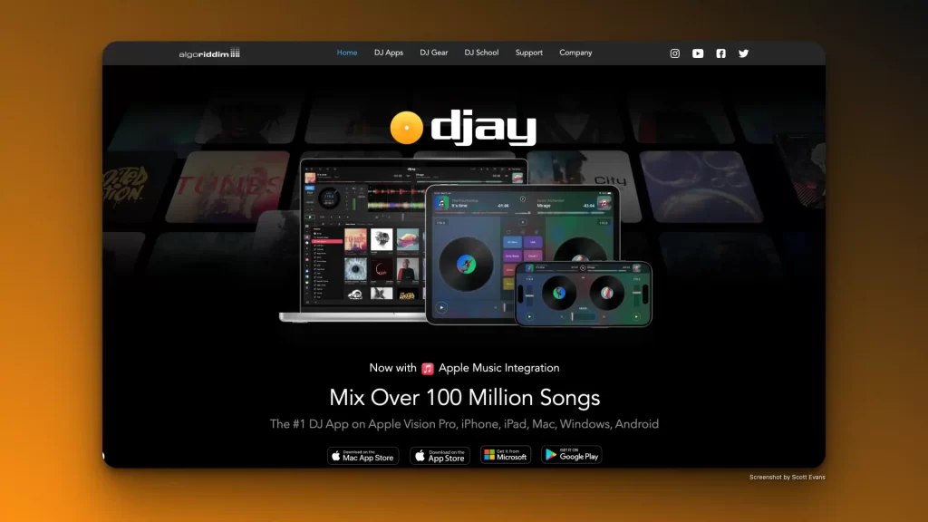 Promotional image for the djay app, touted as one of the best AI DJ apps, featuring its interface on a laptop, tablet, and smartphone screen. Text highlights Apple Music integration and access to over 100 million songs. Available on various platforms with download options visible.