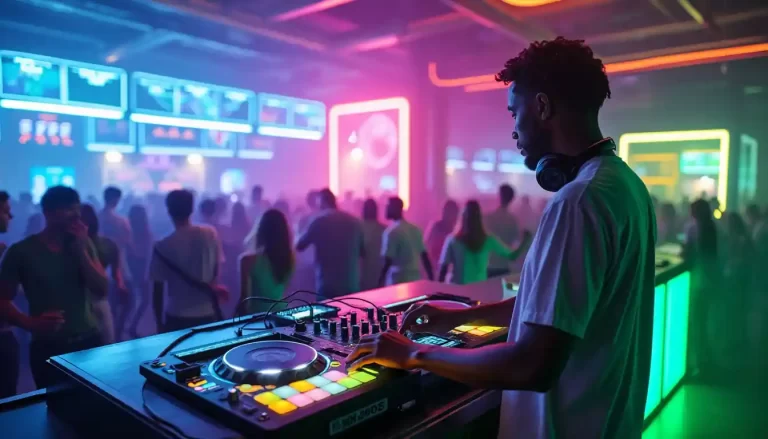 An AI DJ app curates beats in a vibrant nightclub with neon lights. The crowd dances energetically, while various screens display colorful patterns, creating a lively atmosphere.