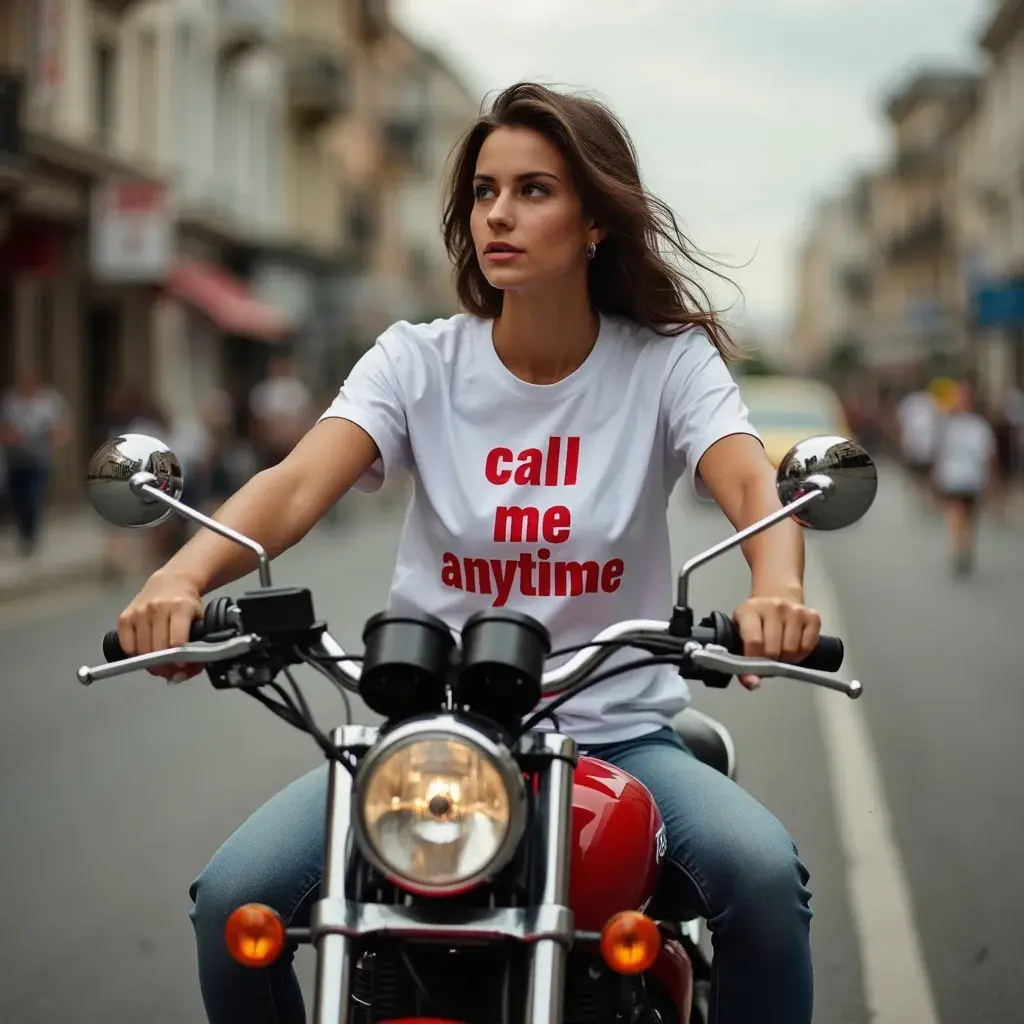 A woman wearing a white T-shirt with "call me anytime" in red text sits confidently on a red motorcycle on a city street, channeling the bold spirit of artists. In the background, blurred buildings and pedestrians create an urban canvas.