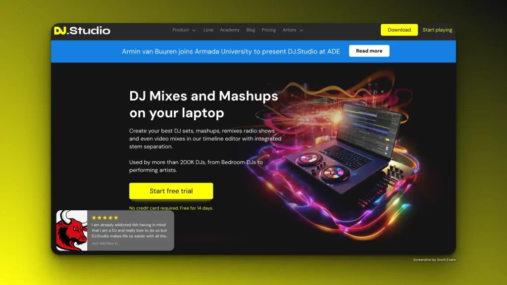 A DJ software webpage showcases a laptop with glowing turntables and vibrant light trails. The text reads: "DJ Mixes and Mashups on your laptop with one of the Best AI DJ Apps." A yellow button offers a free trial, while a testimonial resides at the bottom left corner.