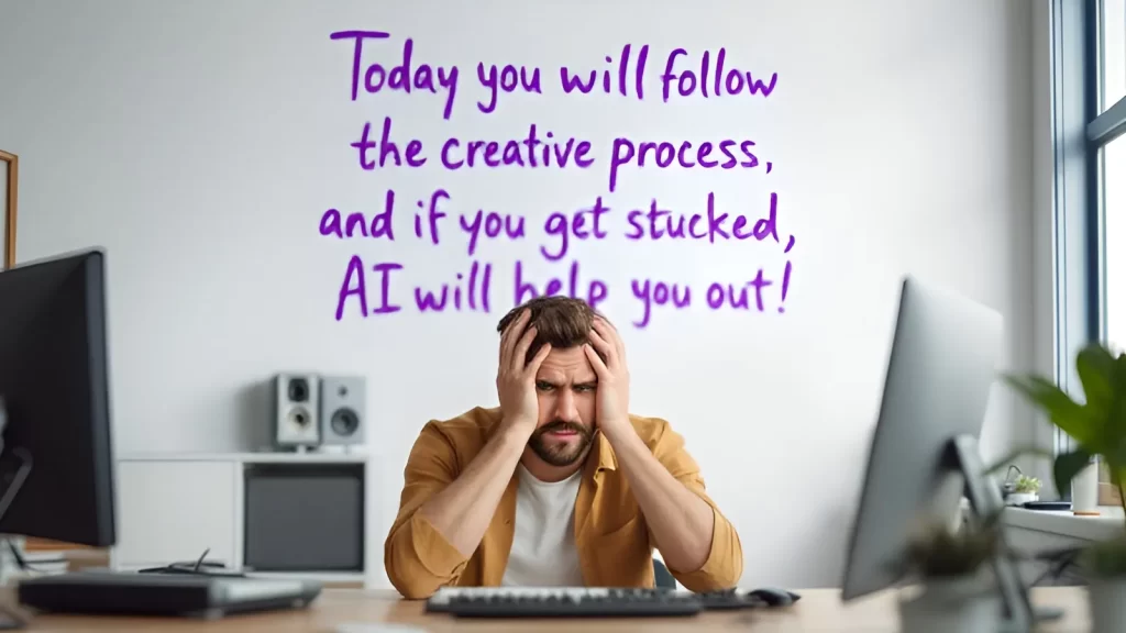 A man sits at a desk with his head in his hands, looking frustrated. Behind him, text on the wall reads, "Today you will follow the creative process in songwriting, and if you get stucked, AI will help you out!" A computer and two speakers are on the desk.