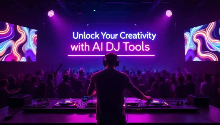 A DJ stands at the decks in a nightclub bathed in purple lighting, seamlessly integrating AI DJ tools into their set. A sign behind them reads, "Unlock Your Creativity with AI DJ Tools," while the crowd pulses to the beat in the background.