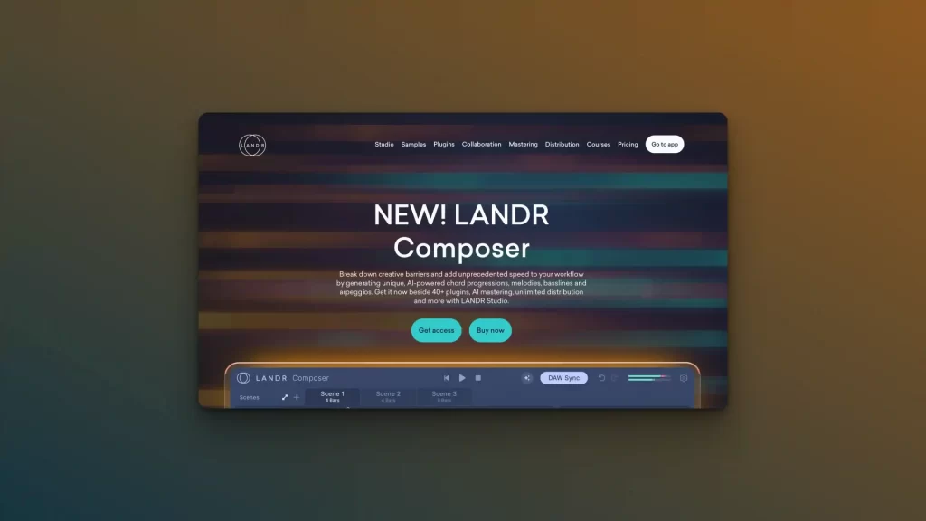 A computer screen showcases the LANDR Composer interface, set against a dark backdrop with vibrant gradient patterns. It seamlessly integrates AI tools for music mastering, enhancing creativity and precision in sound production.