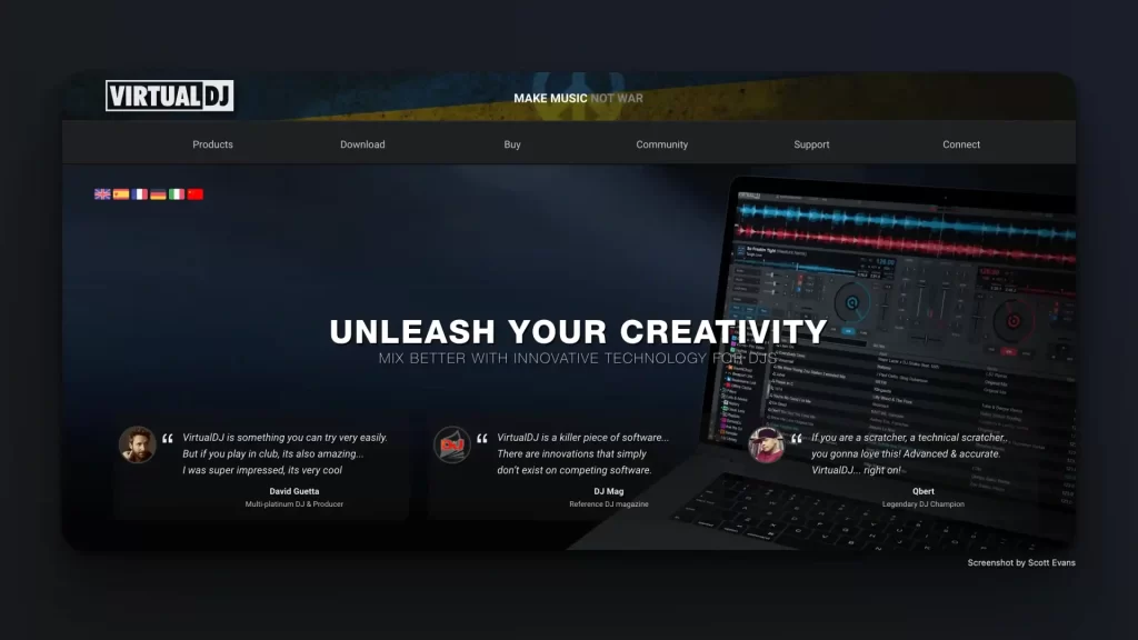 A laptop showcasing AI DJ Apps with dynamic audio tracks and controls. The screen features "Unleash Your Creativity" above user testimonials about the software. Icons for downloading, purchasing, community, and support options are prominently displayed.