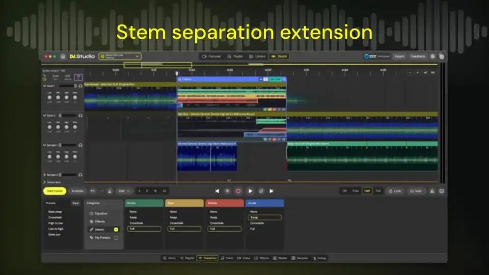 A digital audio workstation (DAW) on screen, resembling a DJ Studio setup, with labeled tracks and stem separation extension displayed.