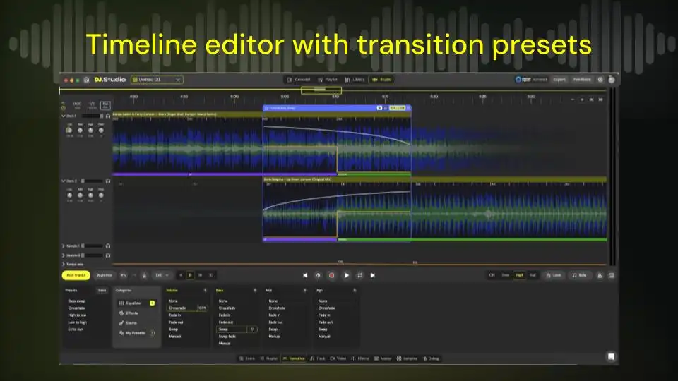 Screenshot of a timeline editor in DJ Studio, featuring transition presets, audio waveforms, and adjustment tools within a sleek digital interface.