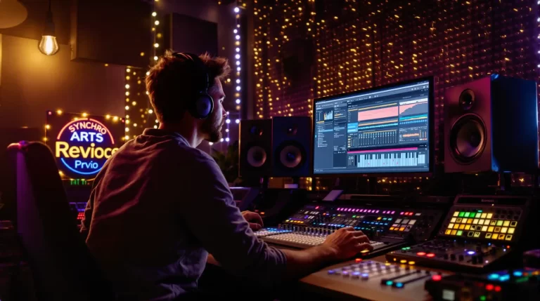 A person wearing headphones works at a computer in a music studio filled with multiple monitors, colorful lights, and audio equipment. They're focused on fine-tuning tracks using cutting-edge vocal processing plugins like Auto-Tune and Synchro Arts.