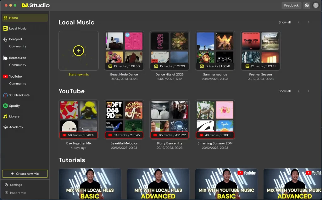 The DJ Studio software interface showcases a library with sections for Local Music, YouTube, and Tutorials. Various playlists, videos, and tutorials appear as options to select for mixing.