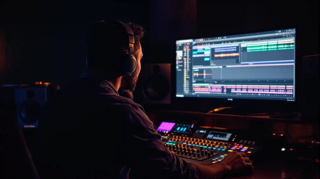 In a dimly lit room, a person wearing headphones meticulously works on audio production software, expertly utilizing Melodyne to fine-tune every note with precision.