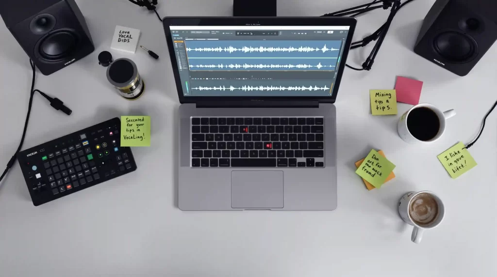 A laptop on a desk runs audio editing software with Vocal Processing Plugins open. Surrounding are sticky notes, a calculator, a notebook, cables, a coffee cup, and a jar.