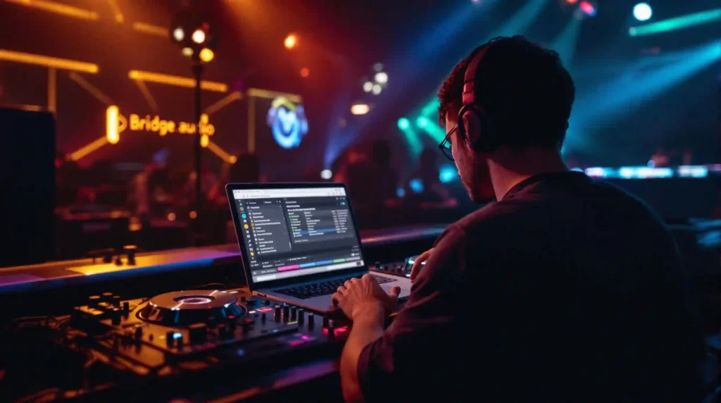 A DJ wearing headphones skillfully mixes music on a laptop and controller in a dimly lit, colorful nightclub setting, enhanced by AI visualization tools that sync mesmerizing visuals with every beat.